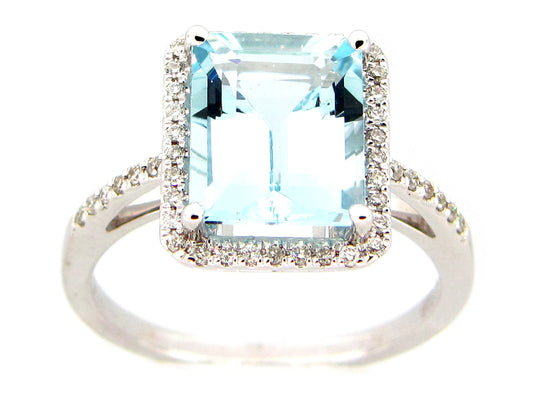 AQUAMARINE & DIAMOND RING, 14KW (H)