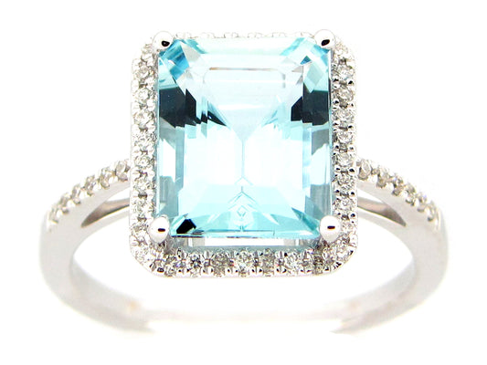 AQUAMARINE & DIAMOND RING, 14KW (H)