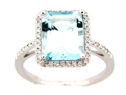 AQUAMARINE & DIAMOND RING, 14KW (H)