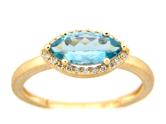 AQUAMARINE MARQUISE & DIAMOND RING, SATIN FINISH, 14KY (H)