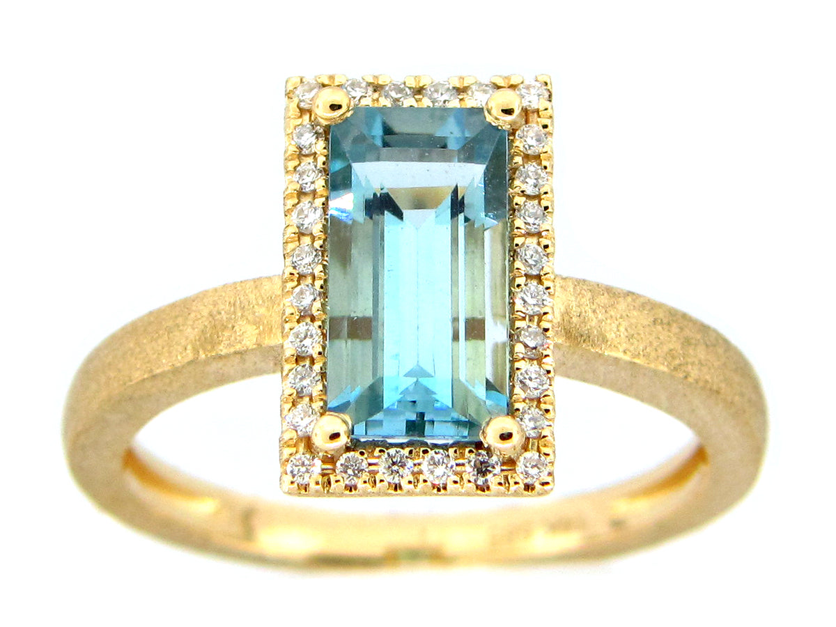 AQUAMARINE BAGUETTE & DIAMOND HALO RING, SATIN FINISH, 14KY (H)