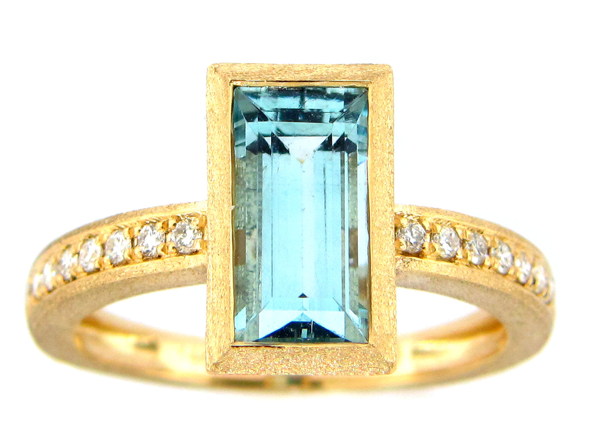 AQUAMARINE BAGUETTE & DIAMOND RING, SATIN FINISH, 14KY (H)