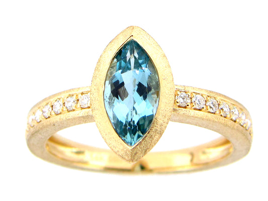 AQUAMARINE MARQUISE & DIAMOND RING, SATIN FINISH, 14KY (H)