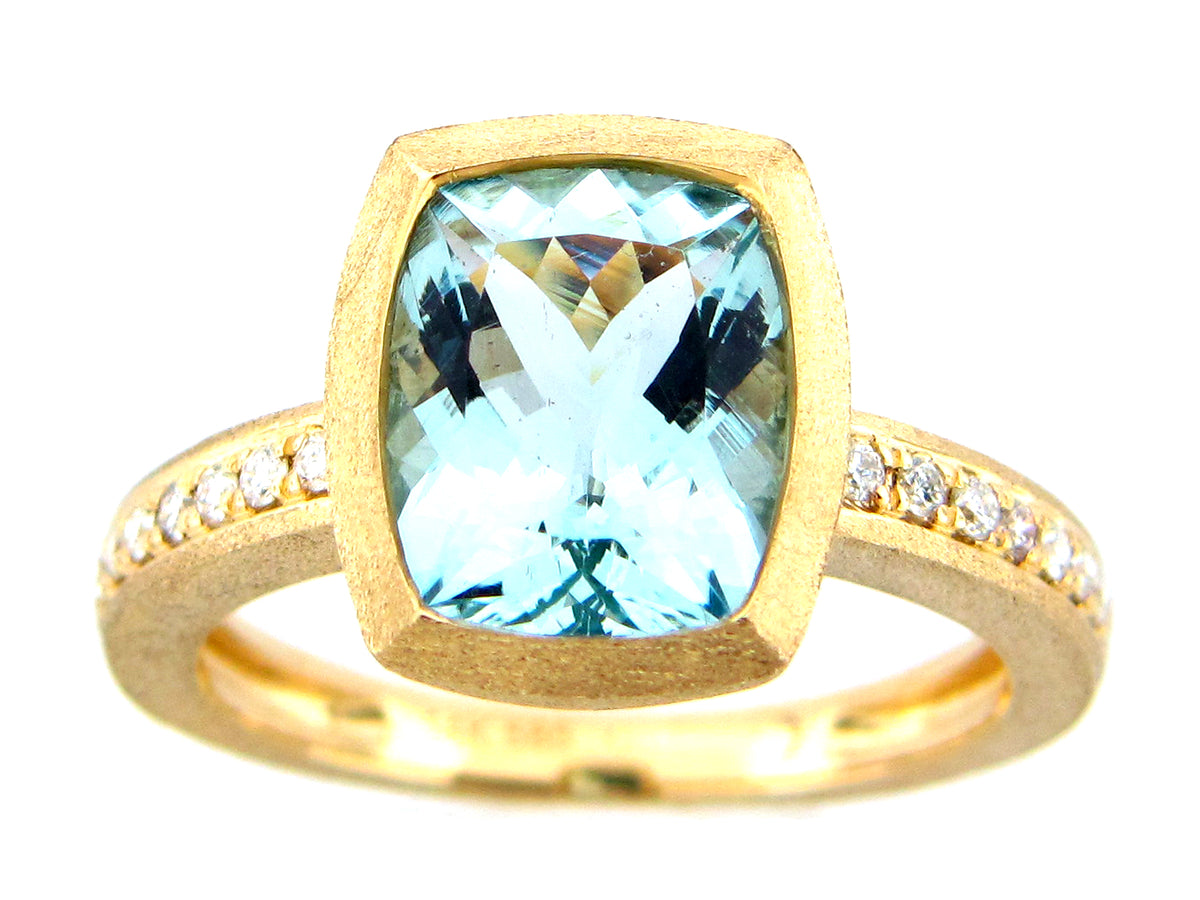 AQUAMARINE CUSHION & DIAMOND BEZEL RING, SATIN FINISH, 14KY (H)
