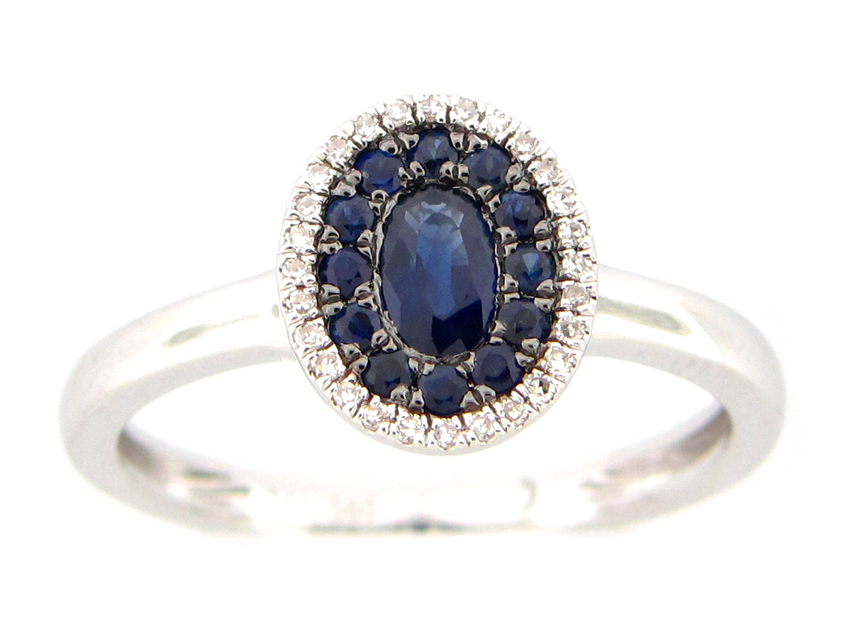 SAPPHIRE & DIAMOND OVAL CLUSTER RING, 14KW (H)
