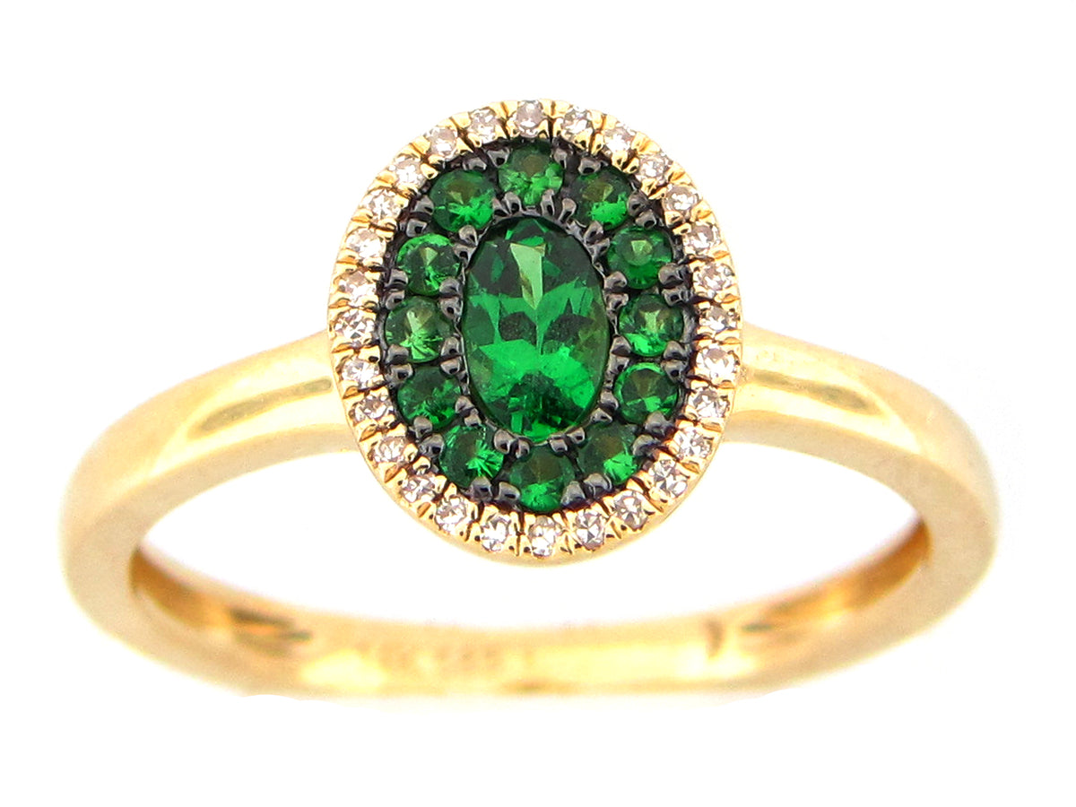 TSAVORITE & DIAMOND OVAL CLUSTER RING, 14KY (N)