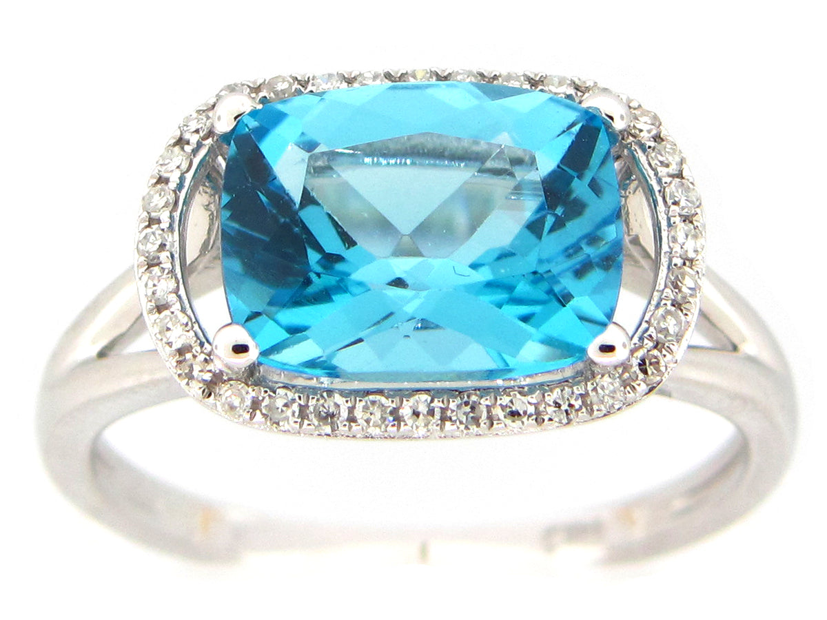 BLUE TOPAZ  & DIAMOND RING, 14KW (R)