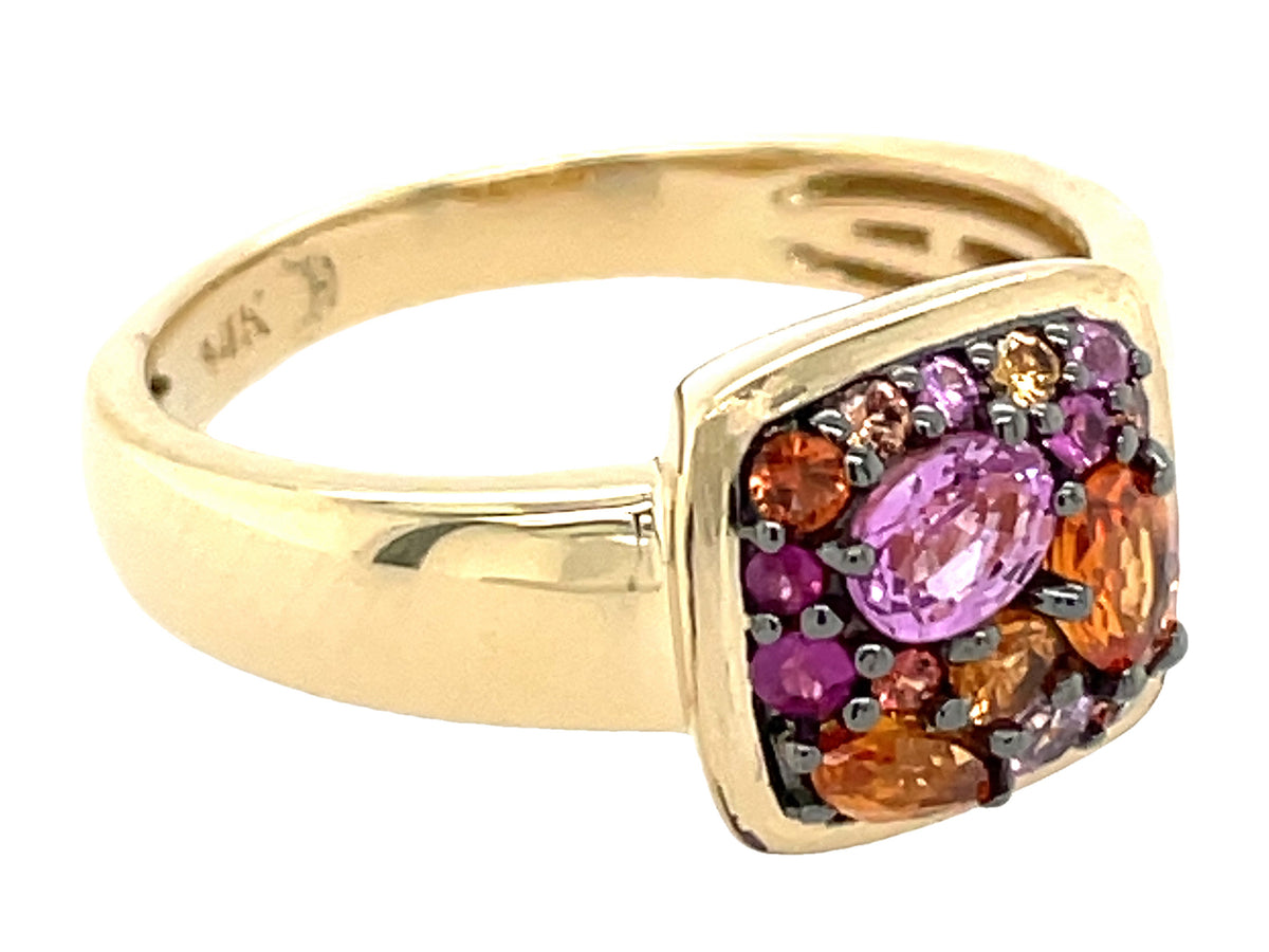 PINK & ORANGE SAPPHIRE CUSHION CLUSTER RING, SATIN FINISH BEZEL
