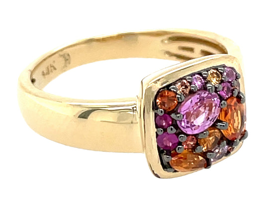 PINK & ORANGE SAPPHIRE CUSHION CLUSTER RING, SATIN FINISH BEZEL
