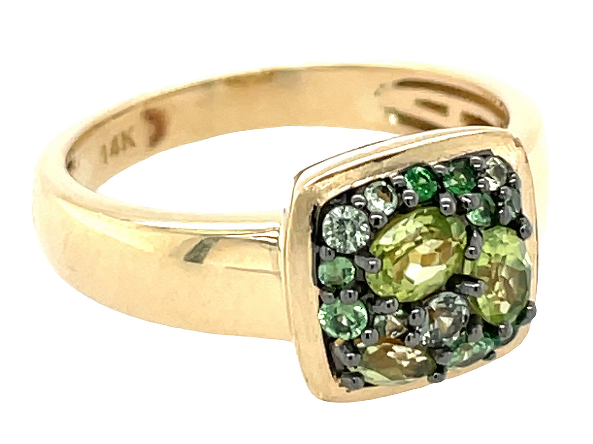 GREEN SAPPHIRE, TSAVORITE & PERIDOT CUSHION CLUSTER RING, SATIN FINISH BEZEL