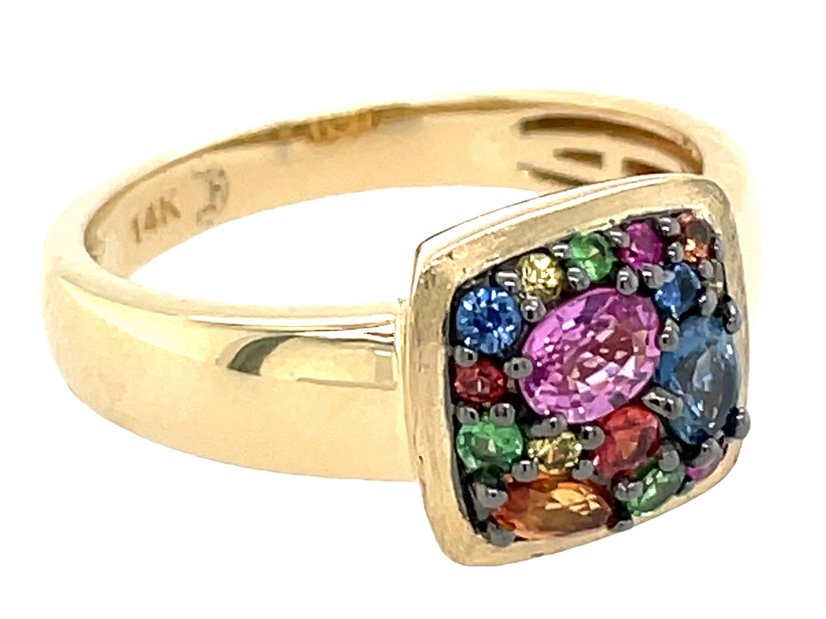 RAINBOW SAPPHIRE & TSAVORITE CUSHION CLUSTER RING, SATIN FINISH BEZEL