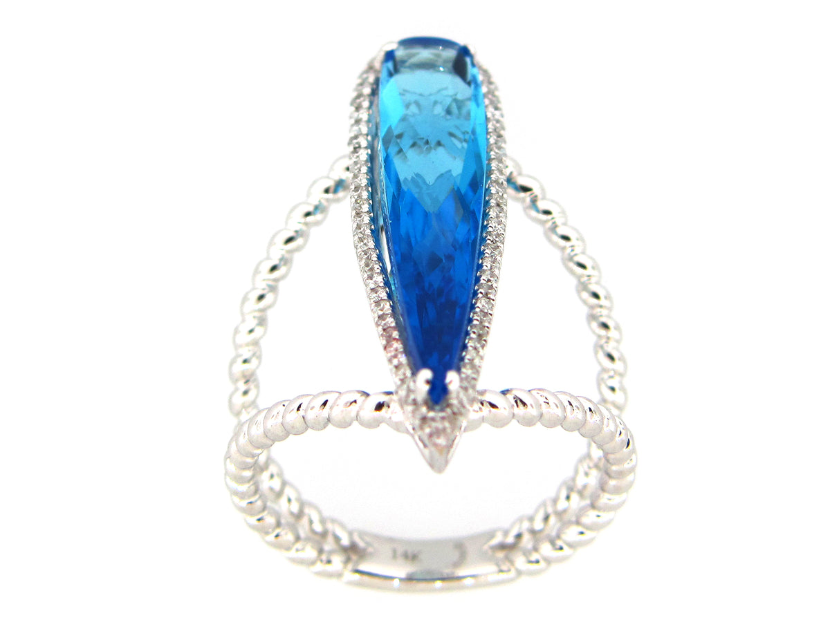 BLUE TOPAZ & DIAMOND RING, 14KW (R)
