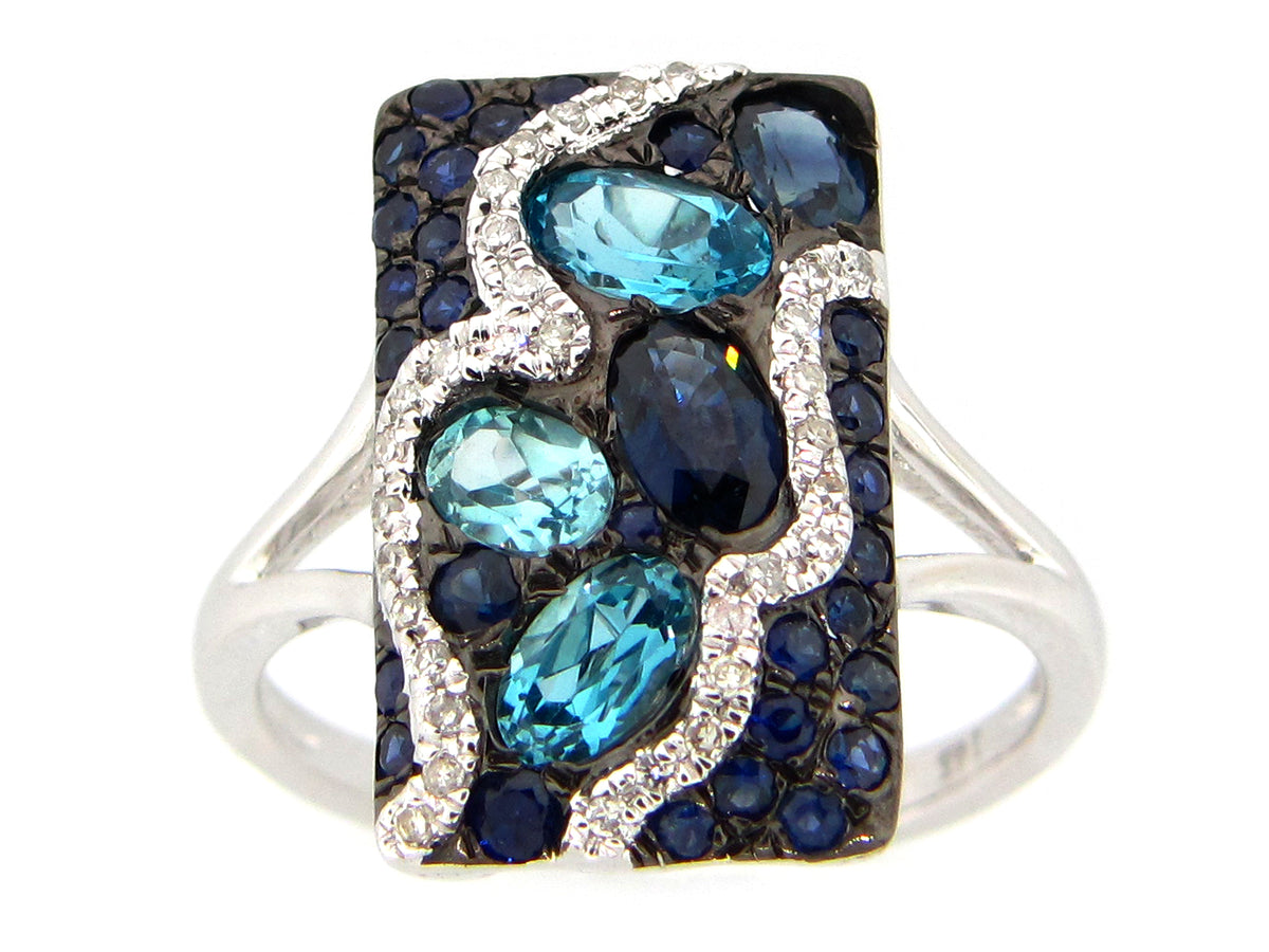 BLUE TOPAZ, SAPPHIRE & DIAMOND RING, 14KW (H/R)