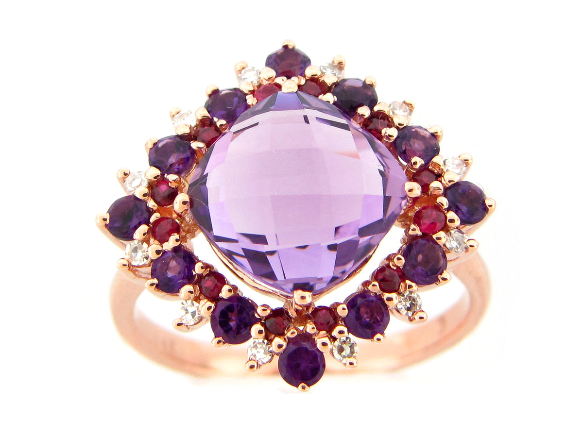 AMETHYST. RUBY & DIAMOND RING, 14KR (H)