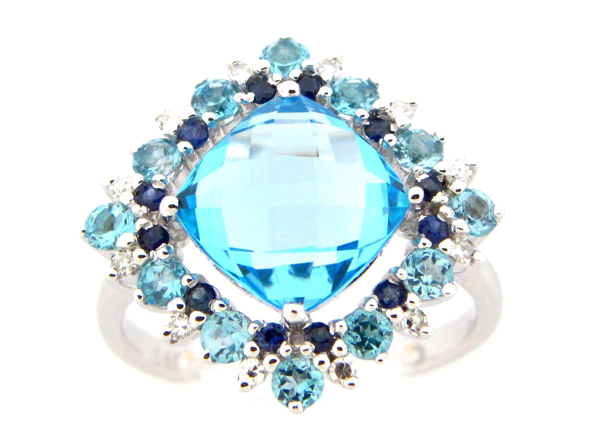 BLUE TOPAZ, SAPPHIRE & DIAMOND RING, 14KW (R/H)