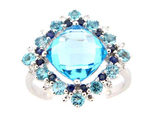 BLUE TOPAZ, SAPPHIRE & DIAMOND RING, 14KW (R/H)