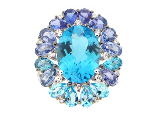 CHB OVAL BLUE TOPAZ,TANZANITE, SAPPHIRE & DIAMOND RING, 14KW (H/R)
