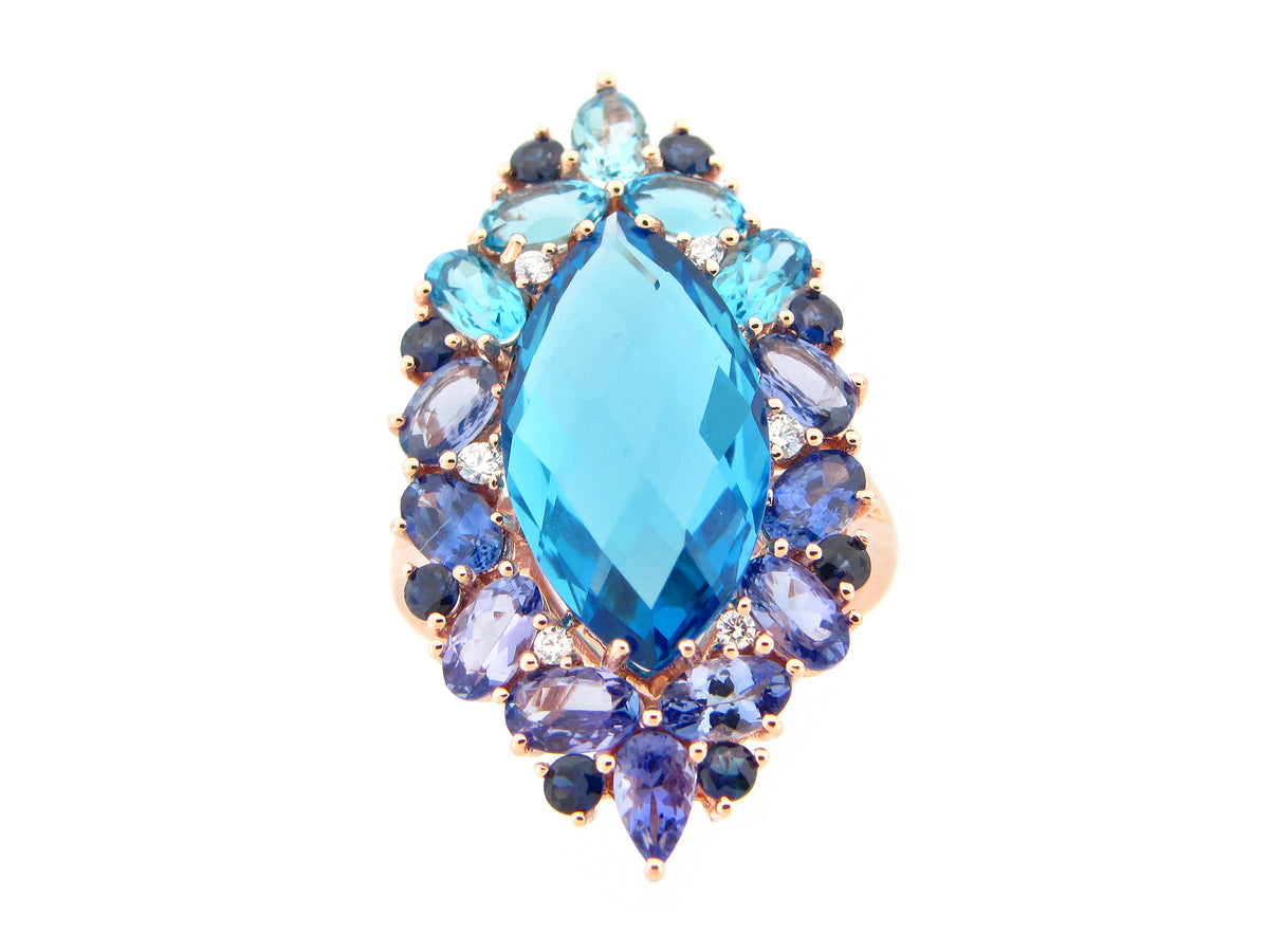 CHB MARQUIS SWISS BLUE TOPAZ, TANZANITE, SAPPH & DIAMOND RING, 14KR(H/R)