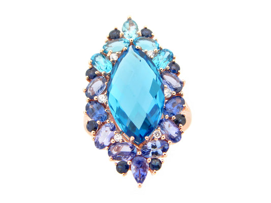 CHB MARQUIS SWISS BLUE TOPAZ, TANZANITE, SAPPH & DIAMOND RING, 14KR(H/R)