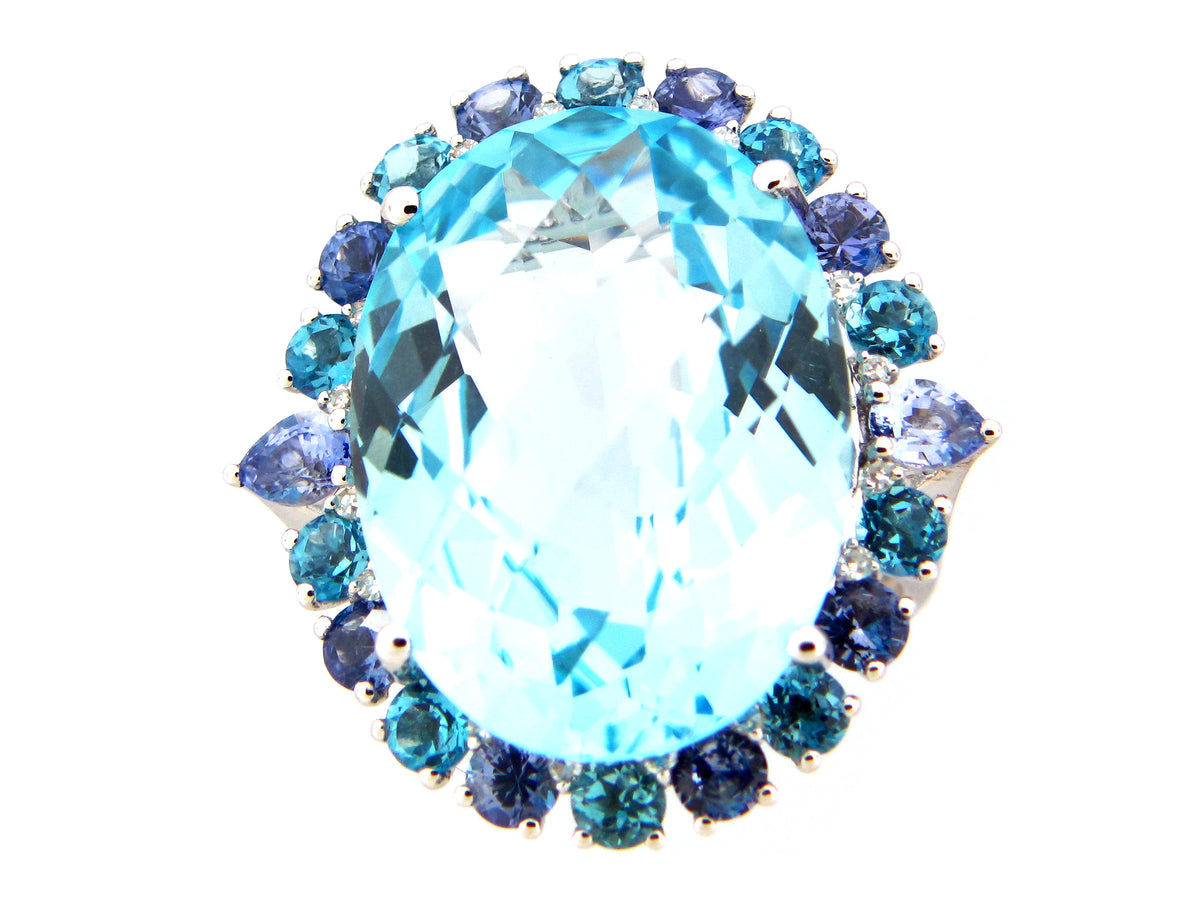 CHB OVAL SKY BLUE TOPAZ, SAPPHIRE & DIAMOND RING, 14KW (H/R)