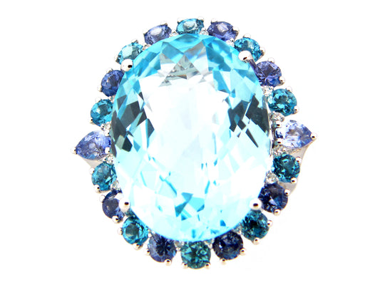 CHB OVAL SKY BLUE TOPAZ, SAPPHIRE & DIAMOND RING, 14KW (H/R)