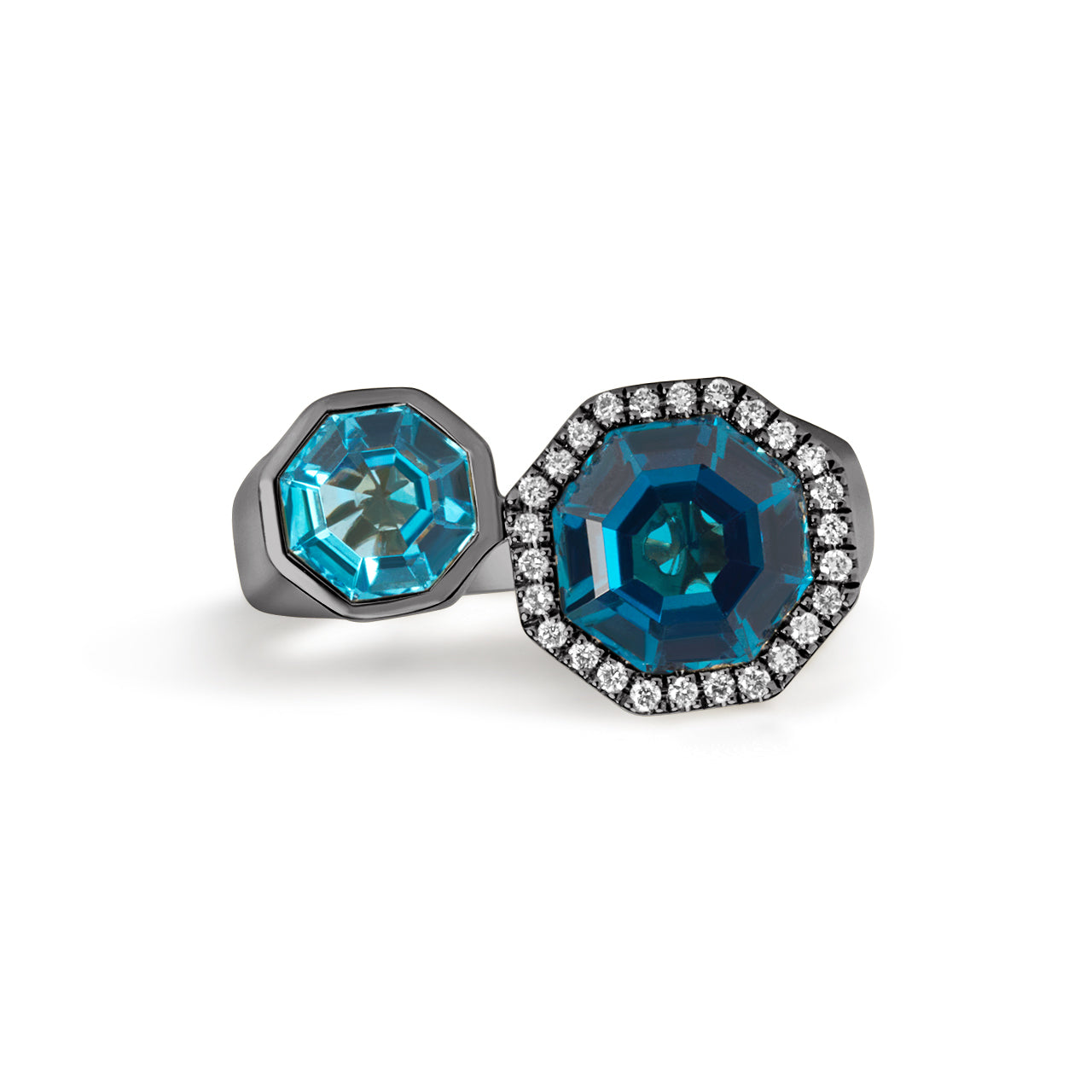Blue Topaz & Diamond Octagon Toi Et Moi Ring