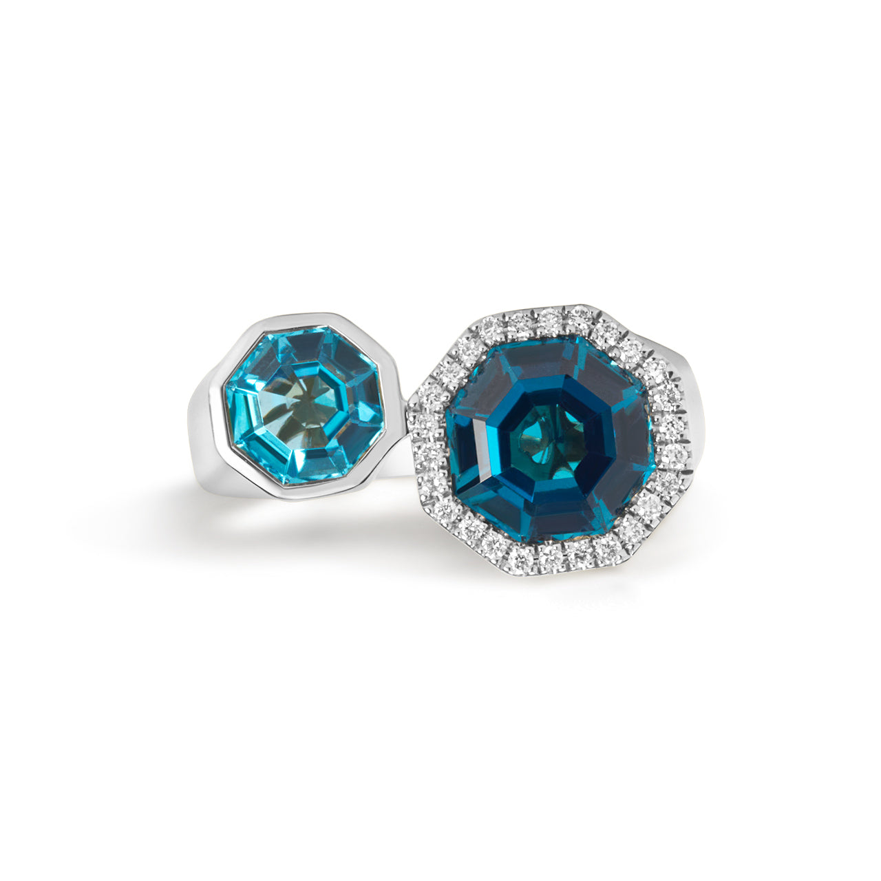Blue Topaz & Diamond Octagon Toi Et Moi Ring