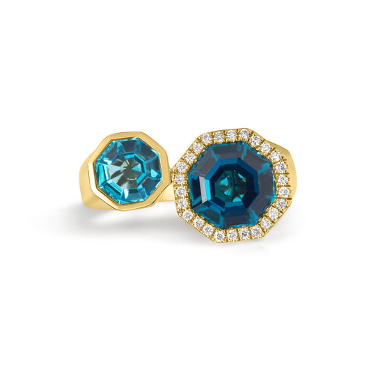 Blue Topaz & Diamond Octagon Toi Et Moi Ring