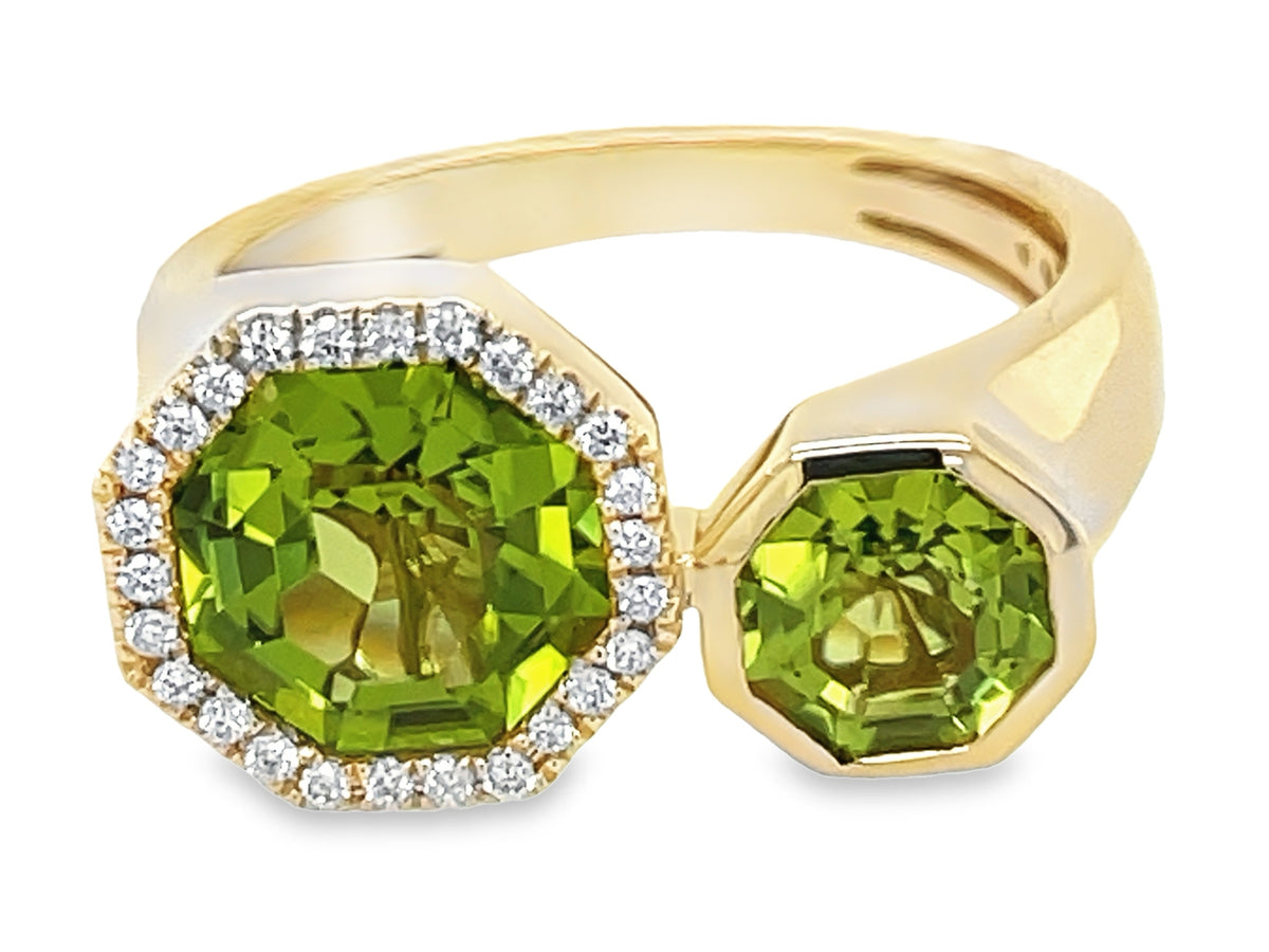 PERIDOT OCTAGON & DIAMOND HALO 2 STONE TOI ET MOI RING