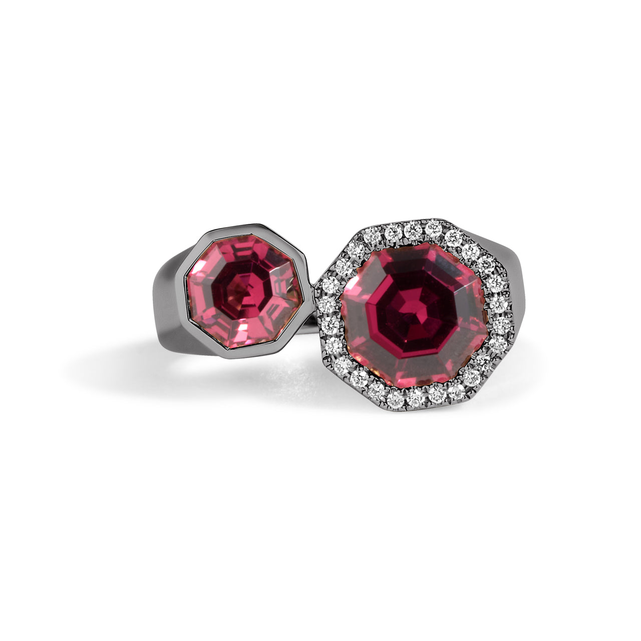 Rhodolite & Diamond Octagon Toi Et Moi Ring