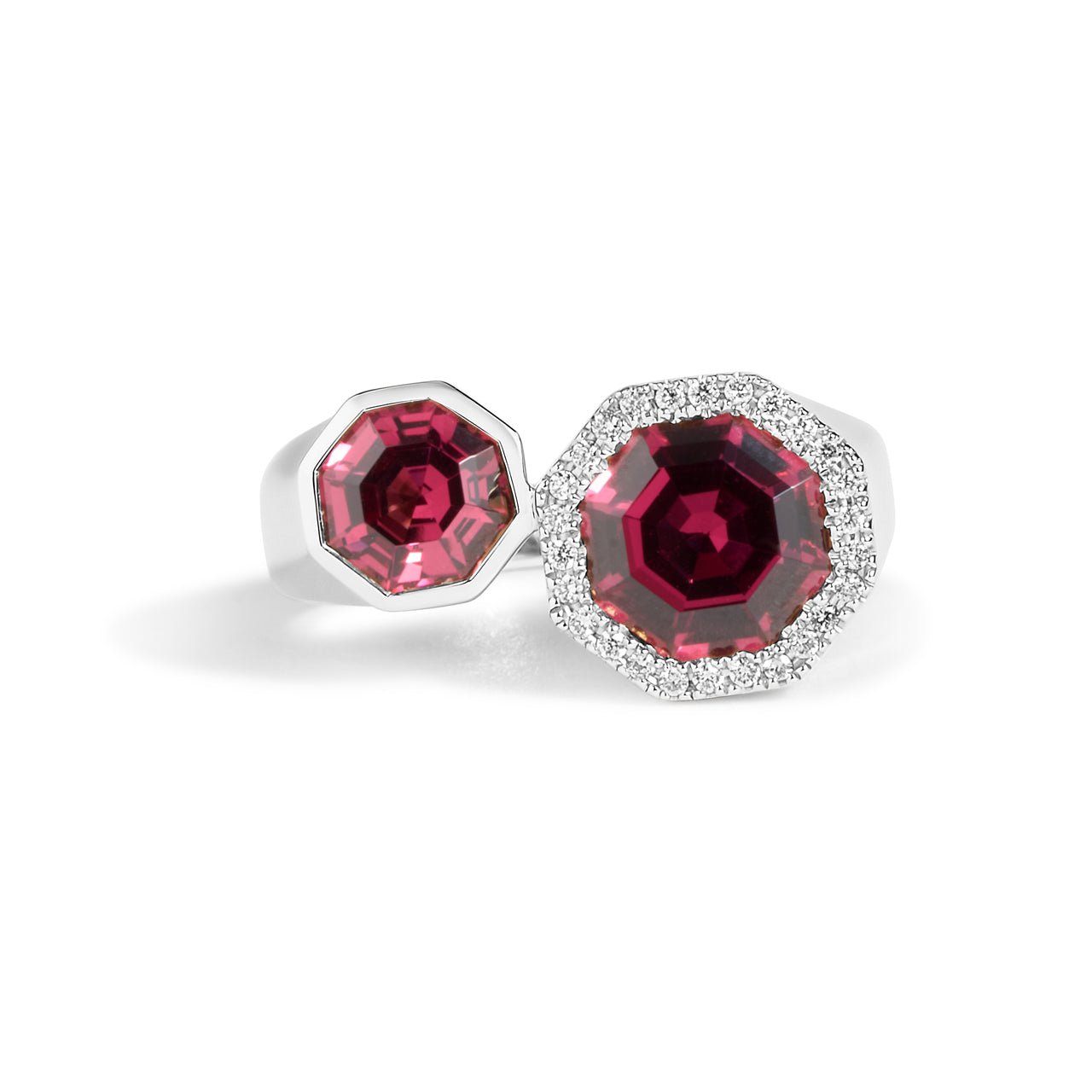 Rhodolite & Diamond Octagon Toi Et Moi Ring