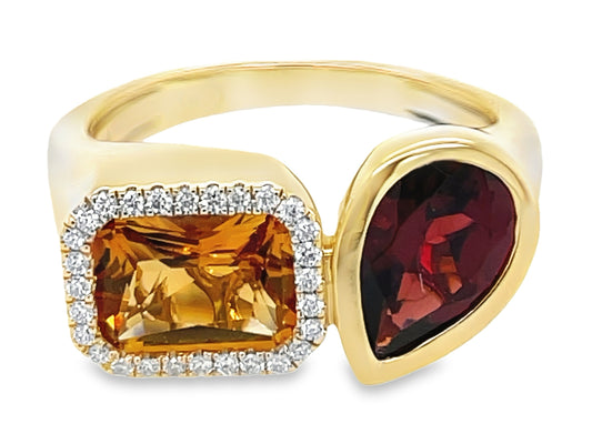 CITRINE E/C, GARNET PEAR & DIAMOND HALO 2 STONE TOI ET MOI RING