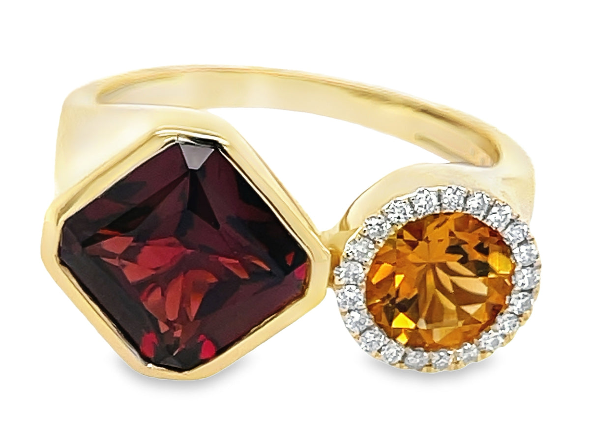 GARNET E/C, CITRINE ROUND & DIAMOND HALO 2 STONE TOI ET MOI RING