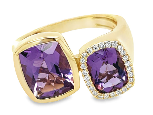 AMETHYST CUSHION & DIAMOND HALO 2 STONE TOI ET MOI RING