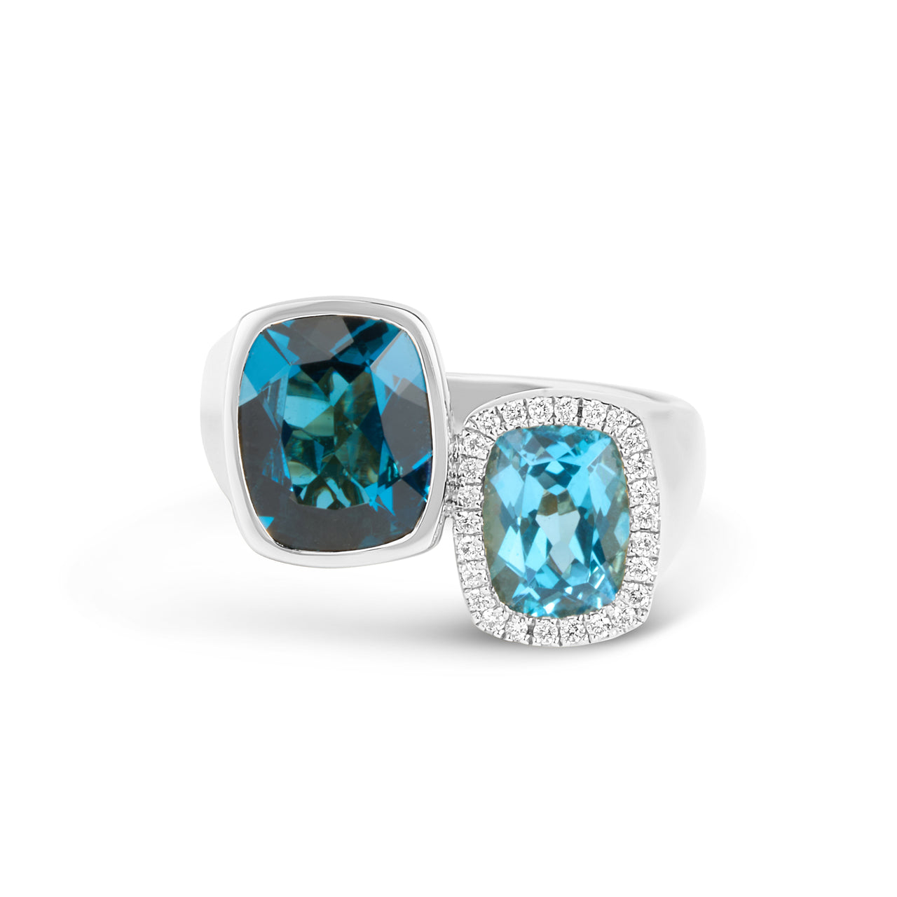Blue Topaz & Diamond Cushion Toi Et Moi Ring