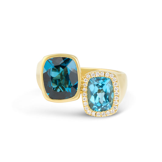 Blue Topaz & Diamond Cushion Toi Et Moi Ring