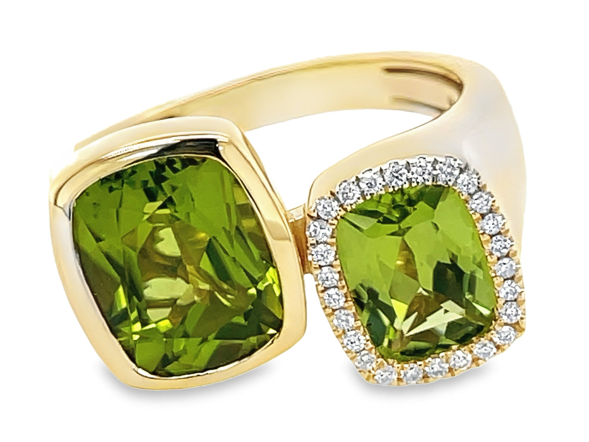 PERIDOT CUSHION & DIAMOND HALO 2 STONE TOI ET MOI RING