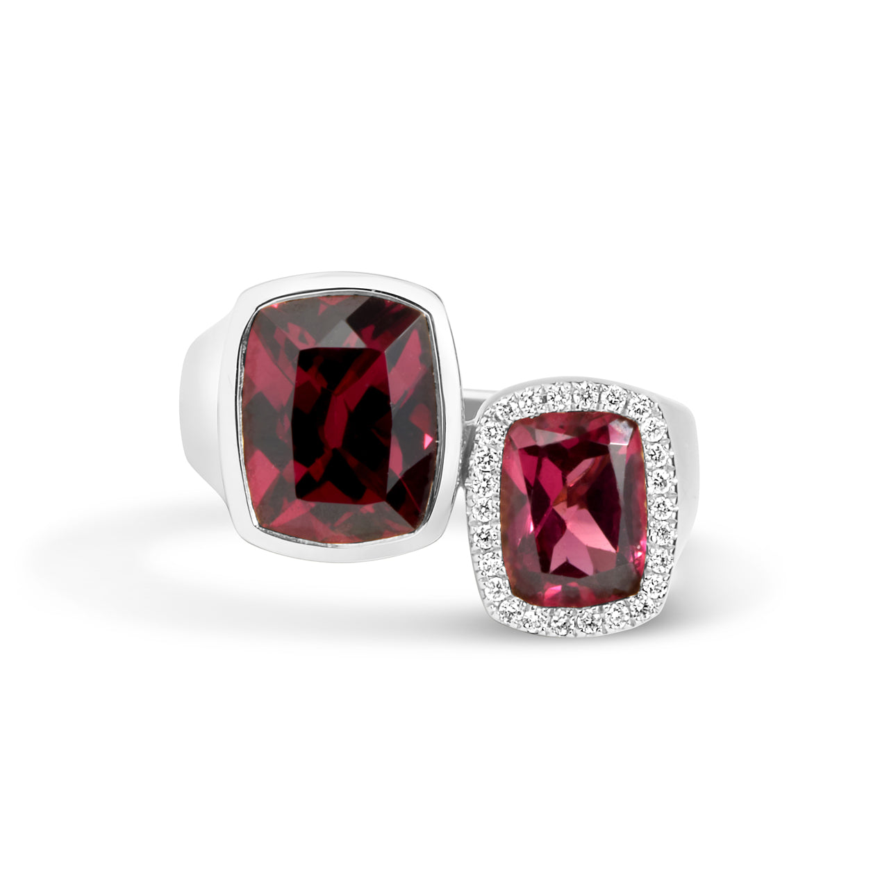 Rhodolite & Diamond Cushion Toi Et Moi Ring
