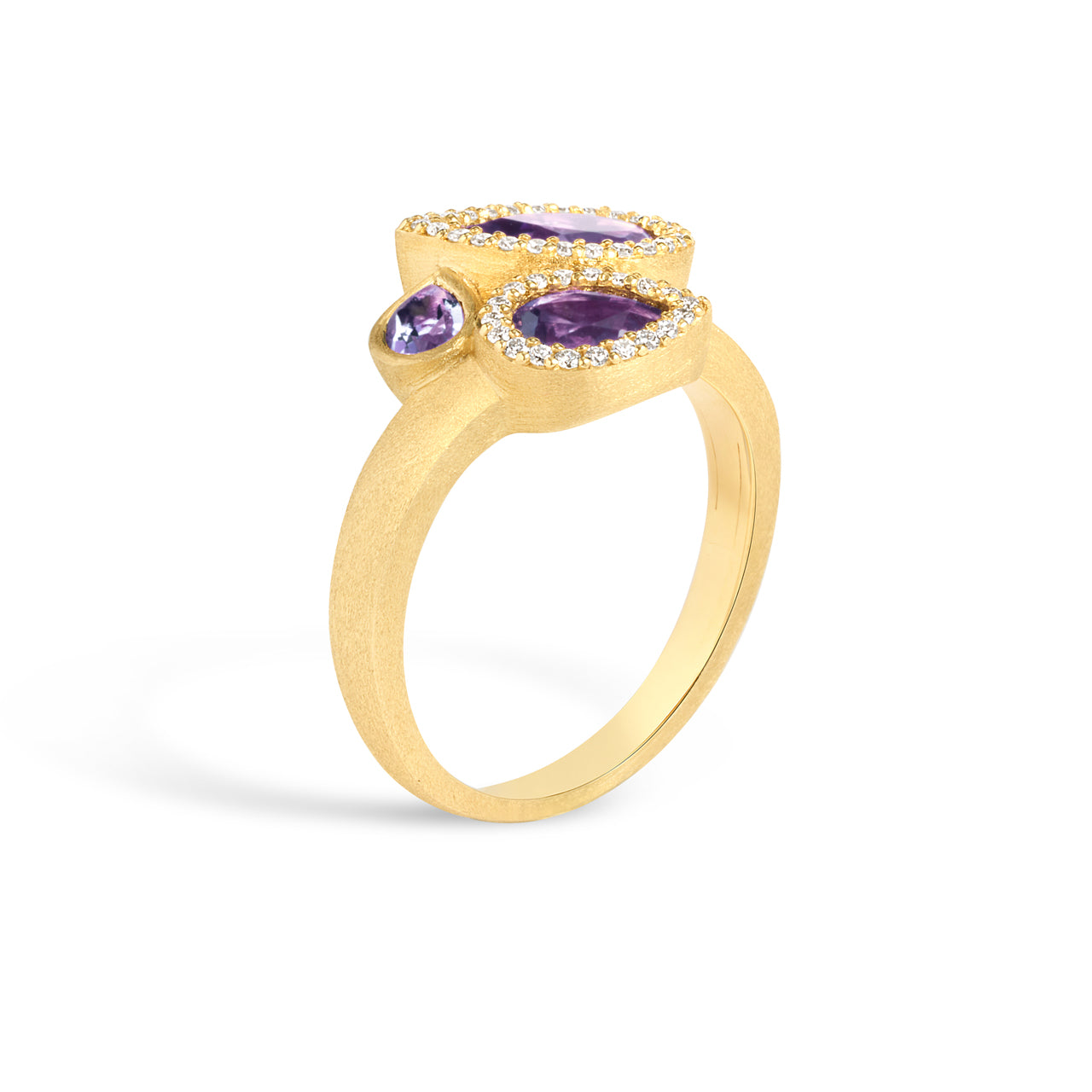Amethyst & Diamond Pear Shape 3 Stone Ring