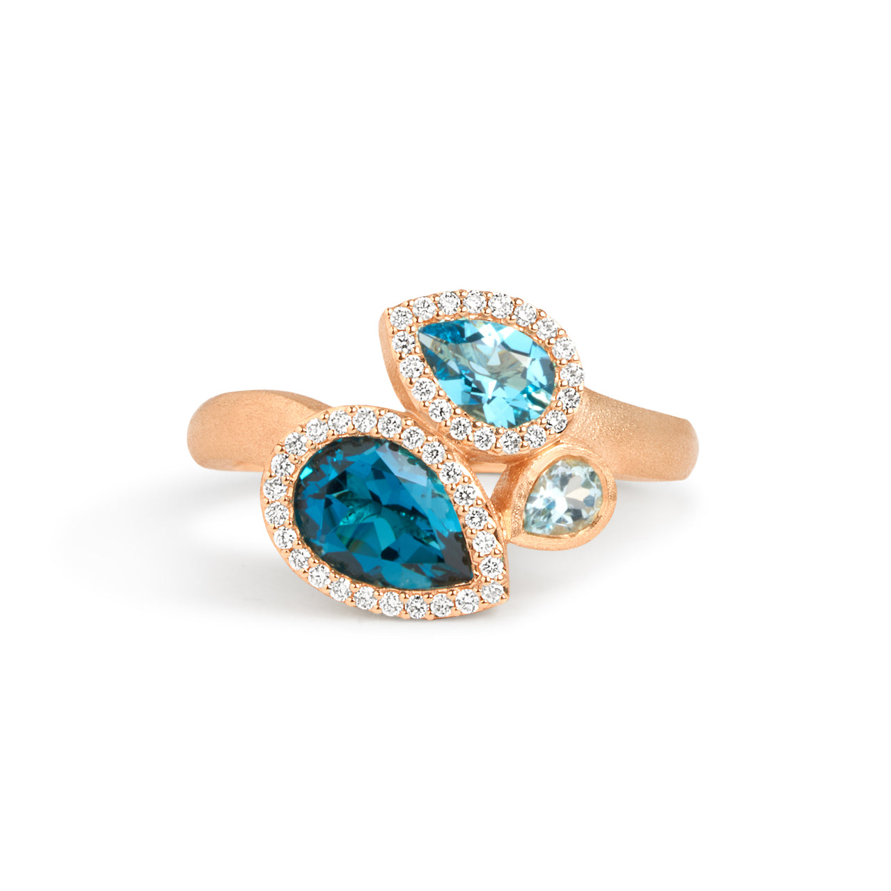 Blue Topaz & Diamond Pear Shape 3 Stone Ring