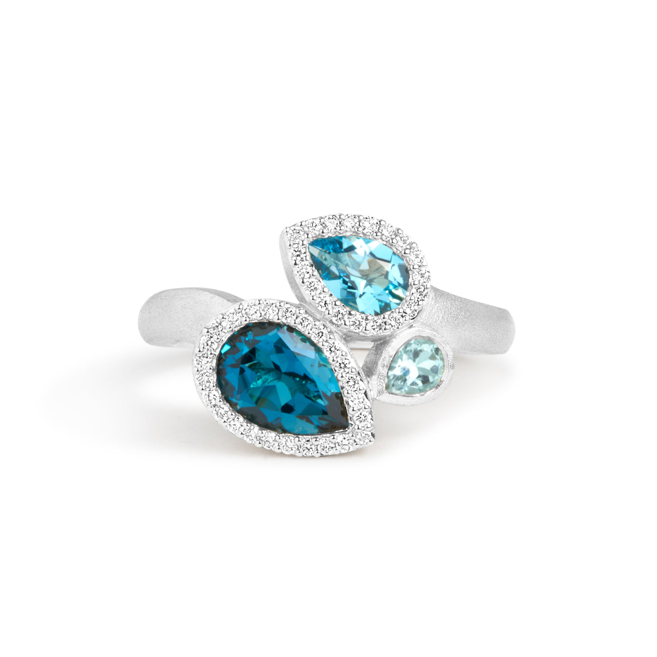 Blue Topaz & Diamond Pear Shape 3 Stone Ring