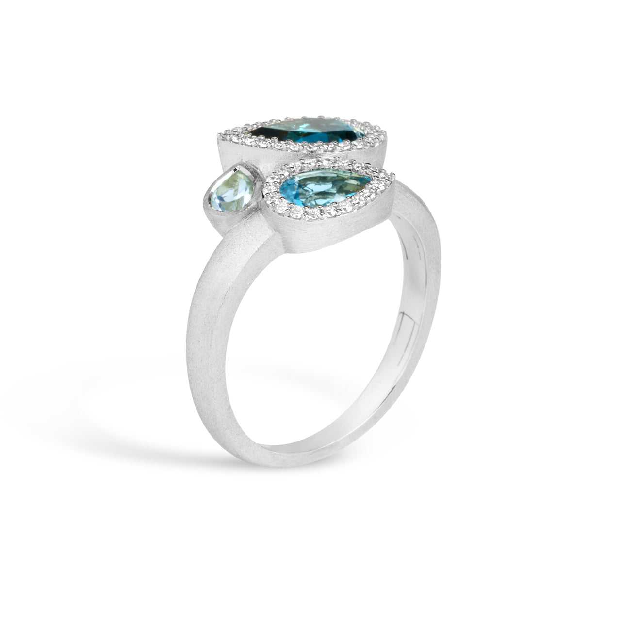 Blue Topaz & Diamond Pear Shape 3 Stone Ring
