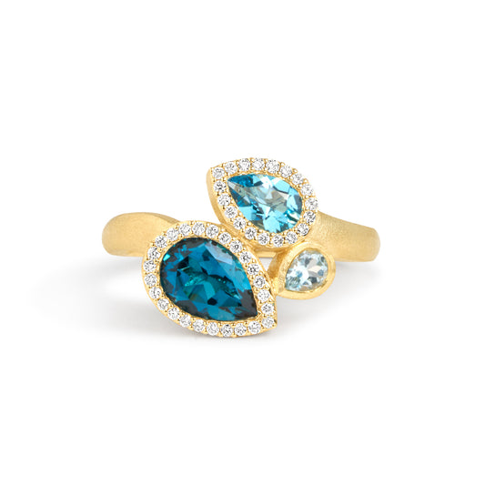 Blue Topaz & Diamond Pear Shape 3 Stone Ring
