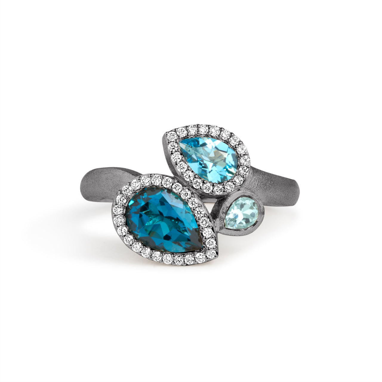 Blue Topaz & Diamond Pear Shape 3 Stone Ring