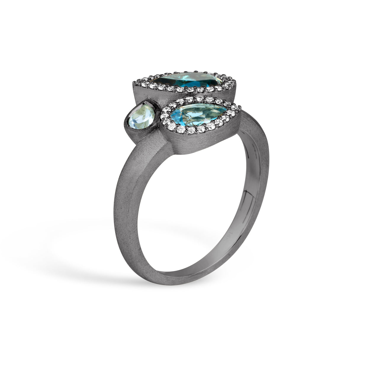 Blue Topaz & Diamond Pear Shape 3 Stone Ring