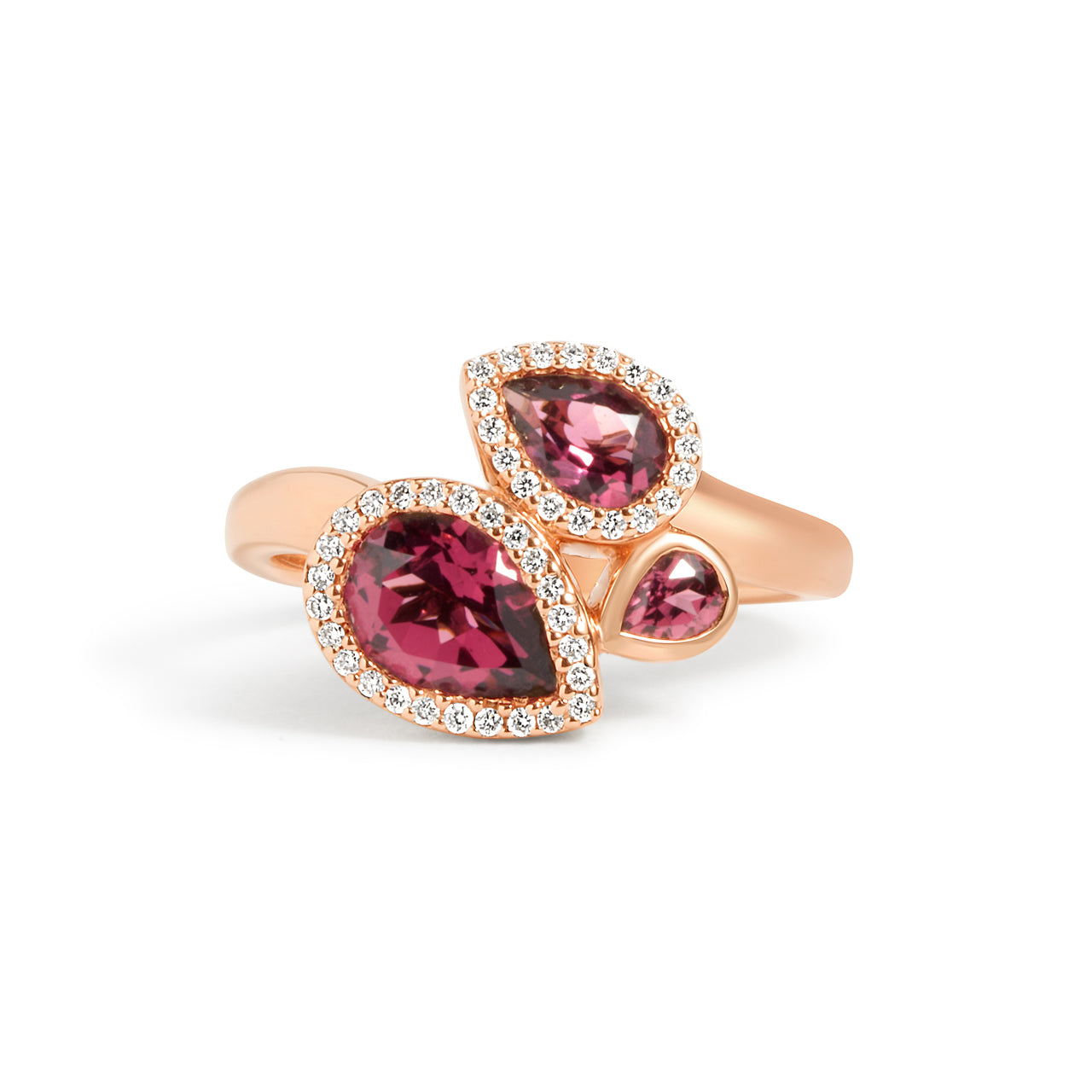 Rhodolite & Diamond Pear Shape 3 Stone Ring