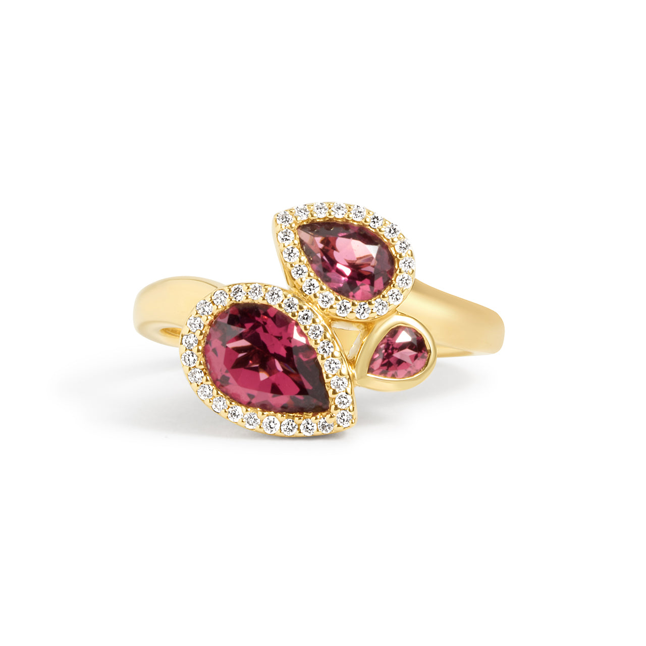 Rhodolite & Diamond Pear Shape 3 Stone Ring