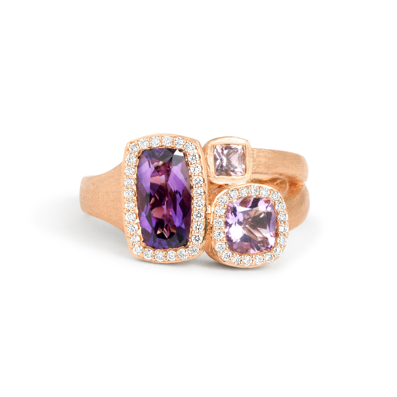 Amethyst & Diamond Cushion 3 Stone Ring