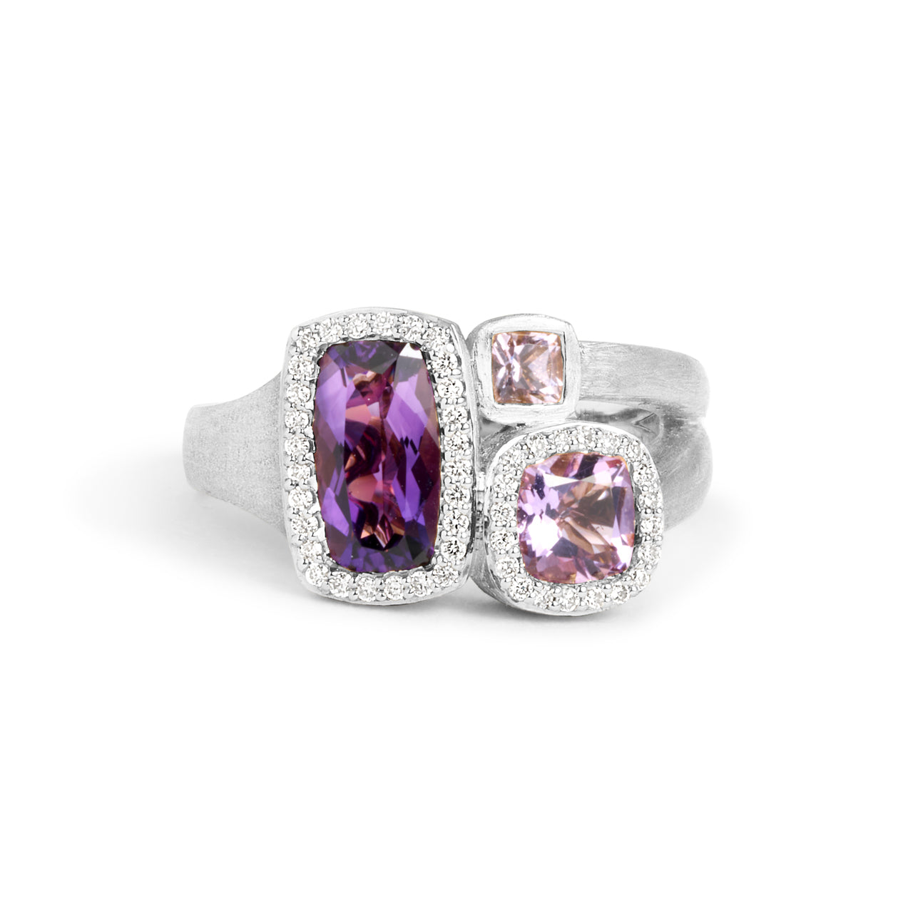 Amethyst & Diamond Cushion 3 Stone Ring