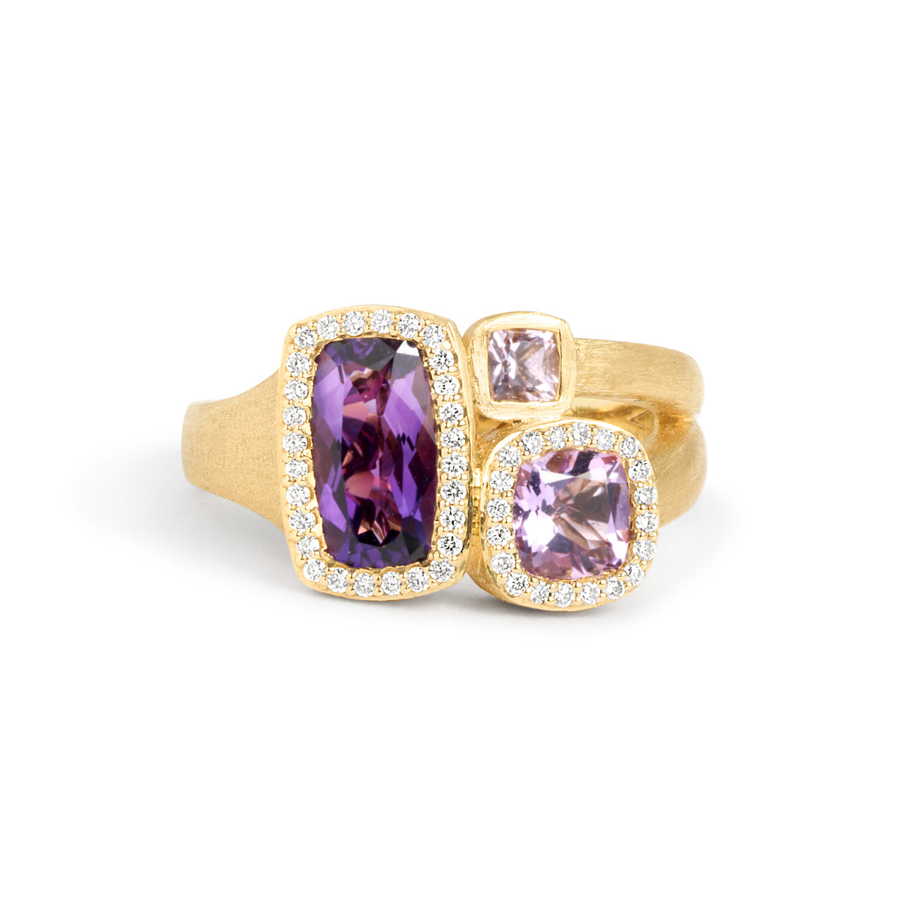 Amethyst & Diamond Cushion 3 Stone Ring
